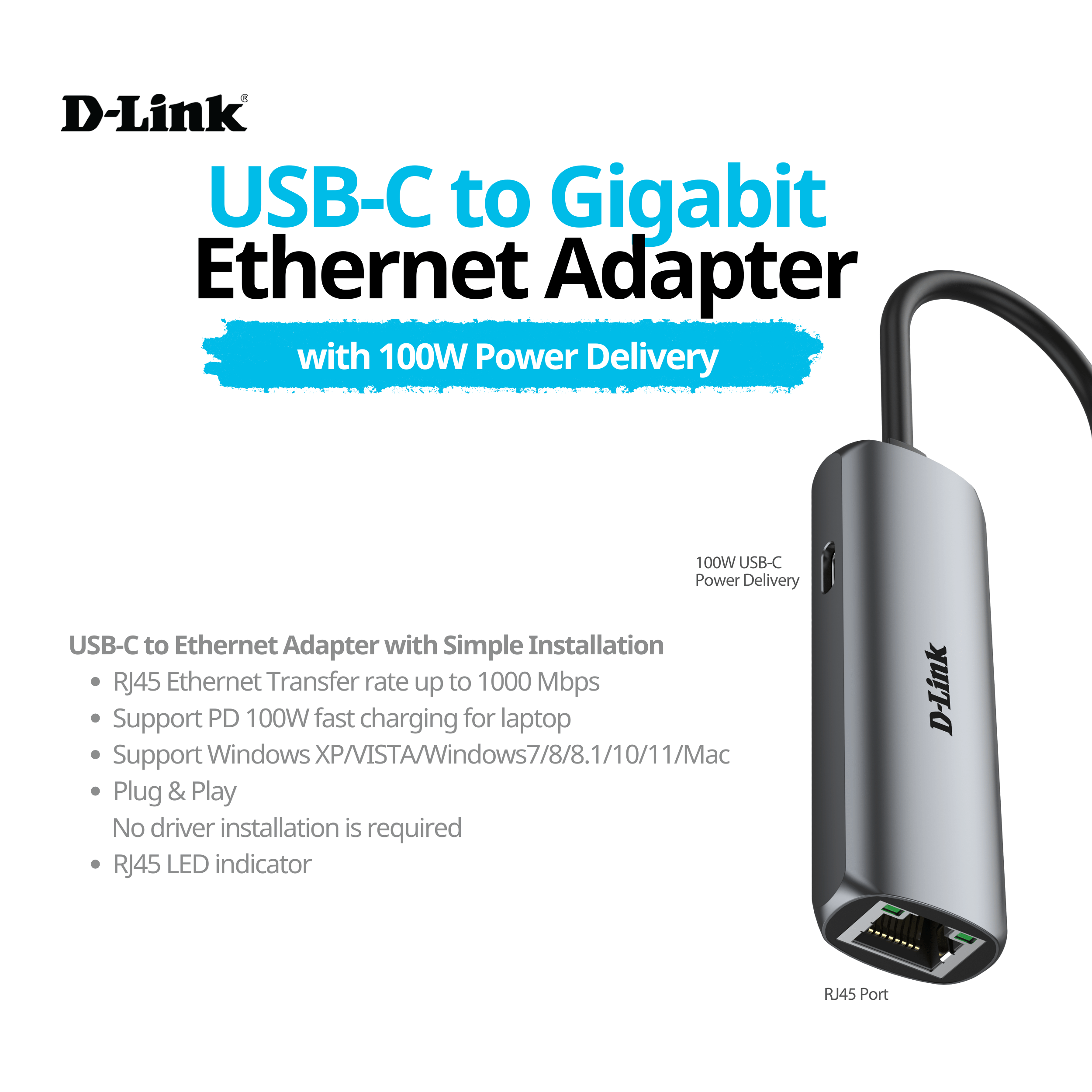 USB-C to Gigabit Ethernet Adapter with 100W Power Delivery